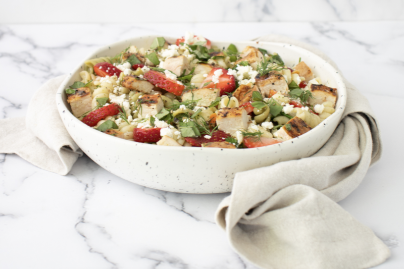 California Chicken Pasta Salad with Feta 038 Strawberries