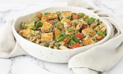 Crispy Mediterranean Sesame Eggplant Pasta Salad