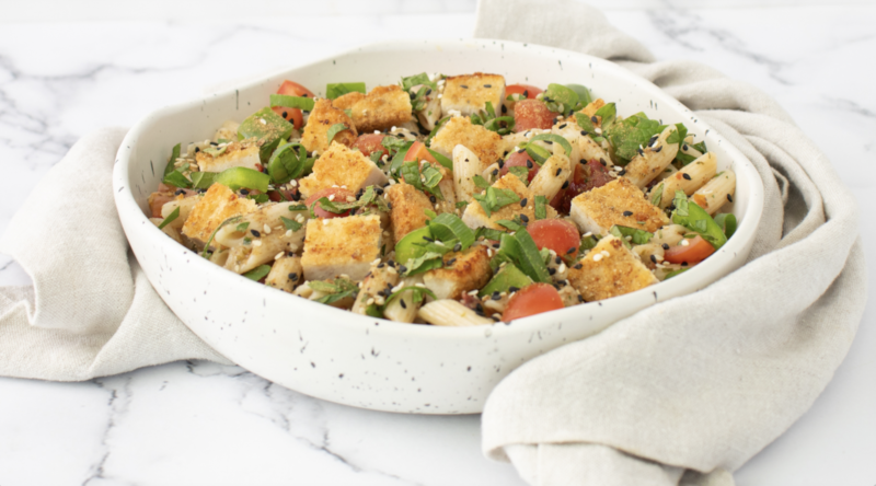 Crispy Mediterranean Sesame Eggplant Pasta Salad