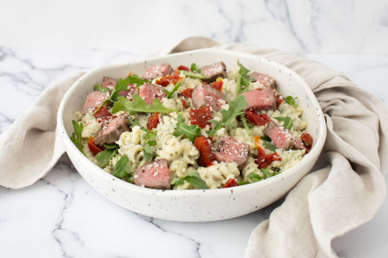 Tuscan Steak Pasta Salad with Arugula Parmesan 038 Sun Dried Tomatoes